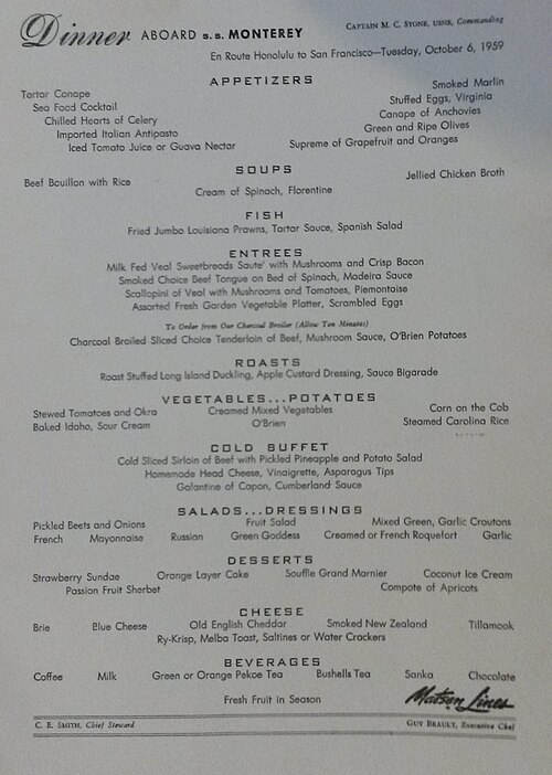 SS Monterey – Dinner menu for 6th October 1959.