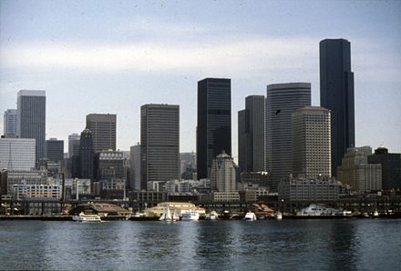The Downtown Seattle skyline in 1986, viewed from Elliott Bay