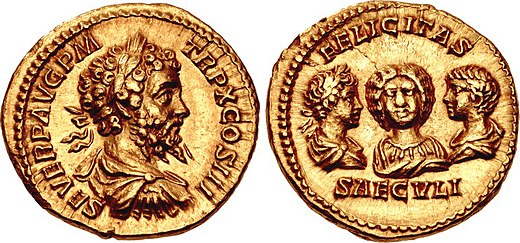 Dynastic aureus of Septimius Severus, minted in 202.  The reverse feature the portraits of Geta (right), Julia Domna (centre), and Caracalla (left).[5]