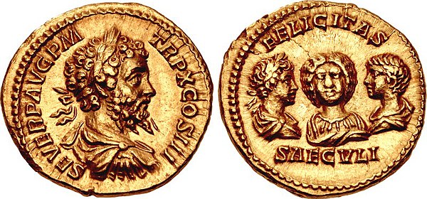 Dynastic aureus of Septimius Severus, minted in 202. The reverse feature the portraits of Geta (right), Julia Domna (centre) and Caracalla (left).[12] Inscription: SEVER[US] P[IUS] AVG[USTUS] P[ONTIFEX] M[AXIMUS], TR[IBUNUS] P[LEBIS] X, CO[N]S[UL] III / FELICITAS SAECVLI