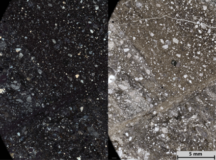 Thin section image of a foliated cataclasite in both plane polarized light (right) and crossed polarized light (left). The banding in this cataclasite is defined by grain size and ratio of clasts to matrix. This rock is from the San Andreas Fault at Elizabeth Lake, California.
