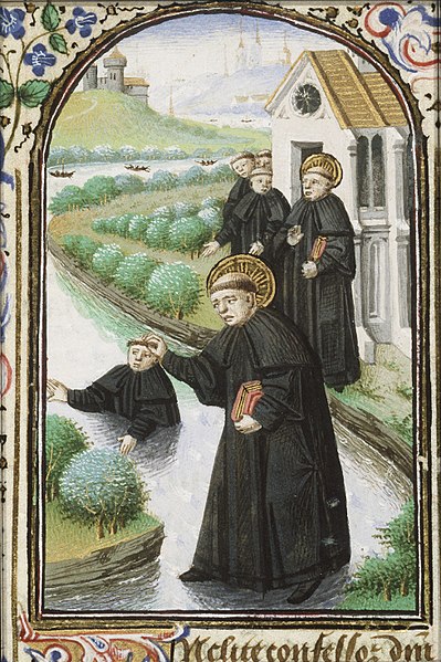 File:St. Maurus of Glanfeuil, walking on the water, saves St. Placidius from drowning - Book of hours Simon de Varie - KB 74 G37 - 083r min.jpg