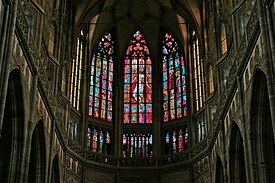 Beautiful stained glass adorns the interior of St Vitus Cathedral.