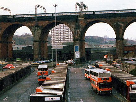 Stockport Bus Station in 1988. Greater Manchester Transport (later GM Buses) operated bus services throughout the county, from 1974 to 1993.