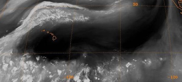 The subtropical ridge (in the Pacific) shows up as a large area of black (dryness) on this water vapor satellite image from September 2000