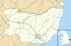 Mapa konturowa Suffolk, blisko lewej krawiędzi znajduje się punkt z opisem „Newmarket”