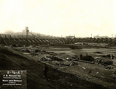 Construction of the new grandstand in 1927 Sulphur Dell 1927.jpg