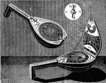 Diptych sundial in the form of a lute, circa 1612