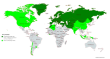 Schematische Landkarte, in der bestimmte Staaten entweder dunkelgrün oder hellgrün eingefärbt sind.