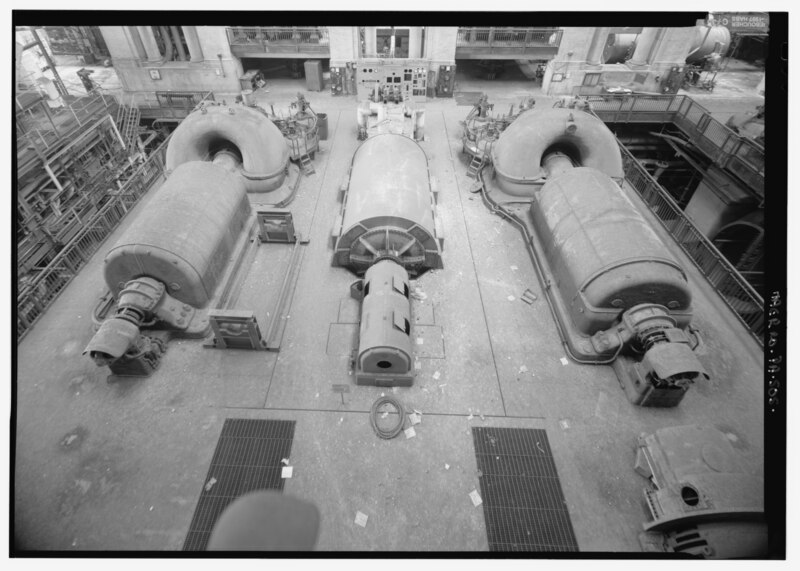 File:TURBINE HALL, LOOKING DOWN FROM THE CONTROL ROOM INTO TURBINE HALL AT UNITS 3, 5, AND 2) - Delaware County Electric Company, Chester Station, Delaware River at South end of Ward HAER PA,23-CHES,2-68.tif