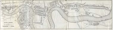 The Docklands in 1882 - a time of great expansion for the Port of London. Much of the Port's operations have now moved further downstream. Thames river 1882.jpg