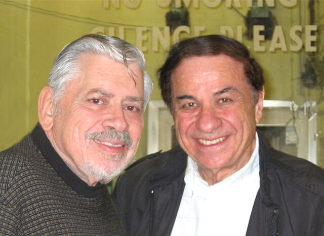 Robert B. Sherman and Richard M. Sherman at the London Palladium in 2002 during the premiere of Chitty Chitty Bang Bang: The Stage Musical