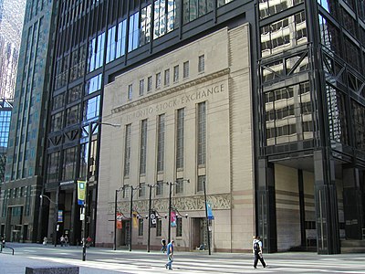 The Art Deco façade of the former Toronto Stock Exchange building, now incorporated into the Toronto-Dominion Centre. Frieze by artist Charles Comfort.