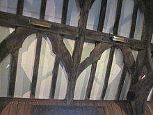 Trelystan Church, Montgomeryshire. Decorative arched wind braces between purlins- 15th-16th century Trelystan Church, Montgomeryshire 08.JPG