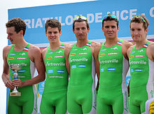 Sartrouville's stars Alistair (left) and Jonathan (right) Brownlee and Javier Gomez Noya with Diemunsch and Ospaly in Nice, 2011. Triathlon de Nice Sartrouville 2011.jpg