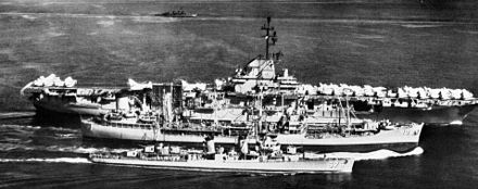 The U.S. carrier USS Lexington (top) with a supply ship and USS Marshall (bottom) off Taiwan during the crisis.