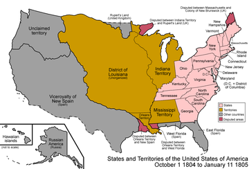 An enlargeable map of the United States after the creation of the District of Louisiana on March 26, 1804. United States 1804-10-1805-01.png