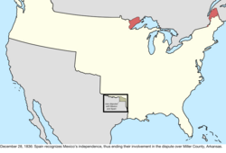 Map of the change to the international disputes involving the United States in central North America on December 28, 1836