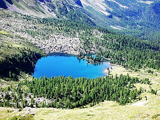 Lago di Val Viola lake in the Grisons, Switzerland, near Lago di Saoseo, in the Poschiavo region