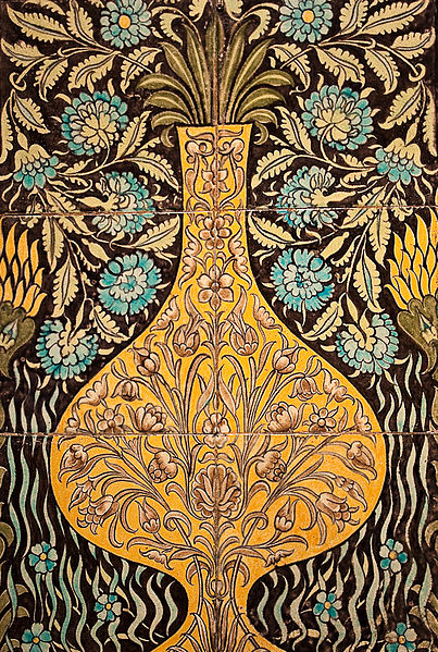 William De Morgan (c. 1890), Sands Ends Pottery: a tile inspired by Middle Eastern patterns.