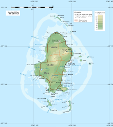 Carte topographique en couleur de 'Uvea (Wallis). Les trois passes dans le lagon sont visibles sur la gauche (ouest)