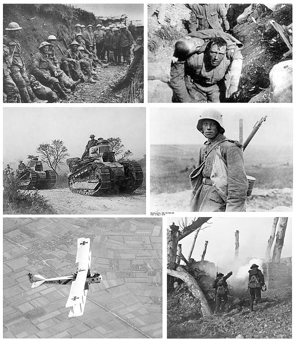 Clockwise from top left: Men of the Royal Irish Rifles, concentrated in the trench, right before going over the top on the First day on the Somme; Bri