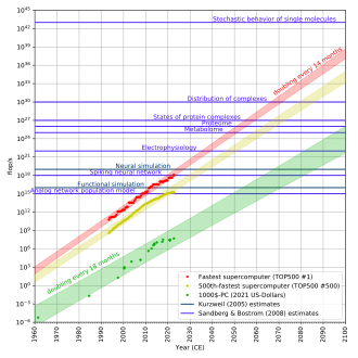 Estimates of how much processing power is needed to emulate a human brain at various levels of detail, on a logarithmic scale. Whole brain emulation.svg