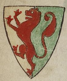 Depiction by Matthew Paris (d.1259) of the arms of William Marshal, 1st Earl of Pembroke (1194-1219): Party per pale or and vert, overall a lion rampant gules William Marshal, 2nd Earl of Pembroke.jpg