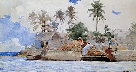 Watercolor of sponge fishermen by Winslow Homer. The declining sponging industry in The Bahamas was dealt a heavy blow by the 1929 hurricane.