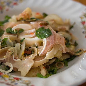 Yam hu mu is a Thai salad made with sliced pig's ears Yam hu mu.jpg
