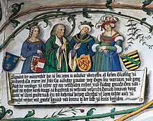 Radegonde with her betrothed Sigismund, Archduke of Austria and his successive wives Eleanor of Scotland and Catherine, Archduchess of Austria. Zikmund tyrolsko.jpg