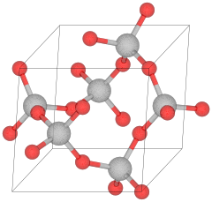 Crystal structure of α-quartz (red balls are oxygen, grey are silicon)