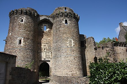 A 13th-century gatehouse in the château de Châteaubriant, France. It connects the upper ward to the lower one.