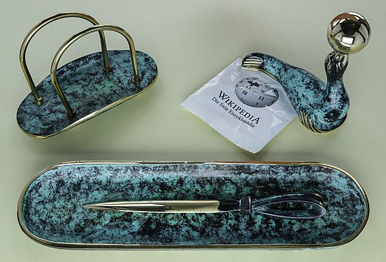 Desk set, consisting of letter holder, paperweight, pen dish and paper knife