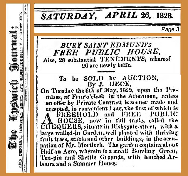 File:18280426 Auction of Chequers Public House with Bowling Green, Ten-pin and Skittle grounds - Ipswich Journal.jpg