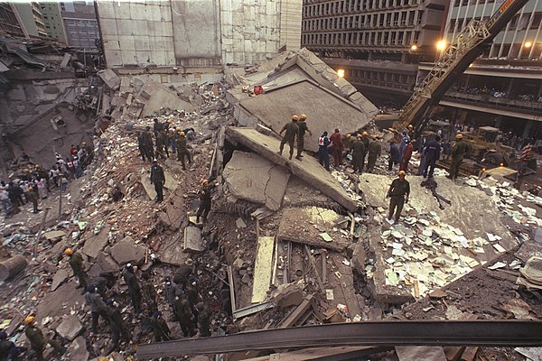 U.S. embassy in Nairobi after the explosion, with the collapsed Ufundi Building.