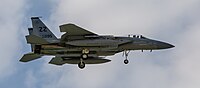 A US Air Force F-15C Eagle, tail number 85-0095, on final approach at Kadena Air Base in Okinawa, Japan. The aircraft is assigned to the 44th Fighter Squadron.