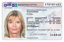 Specimen of the credit-card sized German residence permit (obverse) 3Niederlassungserlaubnis Front.jpg