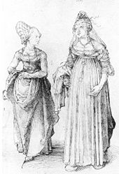Albrecht Durer's drawing contrasts a well-turned out bourgeoise from Nuremberg (left) with her counterpart from Venice. The Venetian lady's high chopines make her look taller. ADurerNuremburgVenetianWomen.jpg
