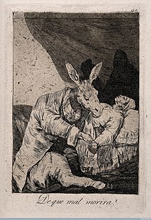 A donkey, representing Galinsoya, physician to the Queen of Spain, checks the pulse of a dying patient. Aquatint with etching by F. Goya, c. 1797.jpg