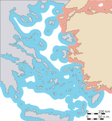 12 nmi: Extent of territorial waters and national airspace defined as a legal right by UNCLOS, to which Turkey is not a signatory Aegean 12 nm.svg