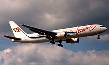 A Boeing 767-300 of Leisure International Airways upon take-off in 1999. Air leisure.jpg