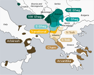 The dialects of the Albanian language in Southern Europe Albanian language map en.svg