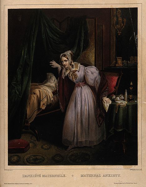 File:An anxious mother checking on her sleeping baby. Coloured li Wellcome V0015098.jpg