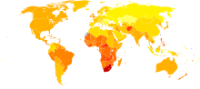 Peta dunia dengan Eropa berwarna kuning, sebagian besar Amerika utara dan selatan berwarna jingga, dan Afrika selatan berwarna merah gelap.