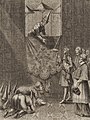 L'ambasciatore francese Chevalier de Chaumont presenta una lettera di Luigi XIV al re Narai.  Constance Phaulkon è vista inchinarsi nell'angolo in basso a sinistra della stampa
