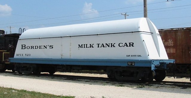 A historical milk tank car for bulk loading at the Illinois Railway Museum.