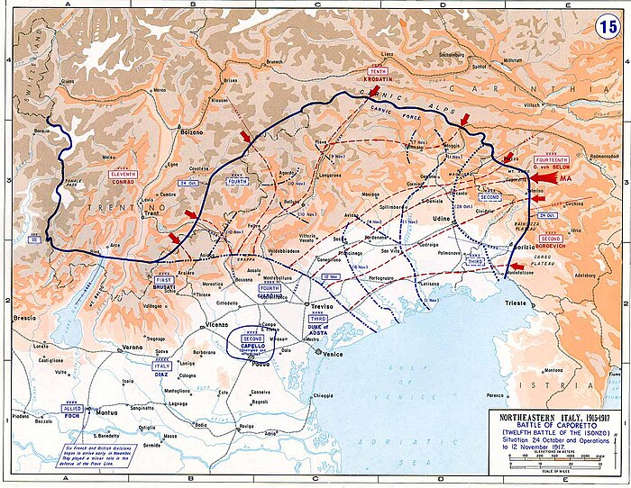 The Battle of Caporetto and the following Italian retreat to the Piave river, October-November 1917. Battle of Caporetto.jpg