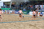 Deutsch: Beachhandball Europameisterschaften 2019 (Beach handball Euro); Tag 5: 6. Juli 2019 – Frauen, Platzierungsspiel für die Ränge 17–20, Nordmazedonien-Slowenien 0:2 (10:13, 9:15) English: Beach handball Euro; Day 5: 6 July 2019 – Placement Match/Cross Match for rank 17–20 Women – North Macedonia-Slovenia 0:2 (10:13, 9:15)