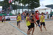 Deutsch: Beachhandball Europameisterschaften 2019 (Beach handball Euro); Tag 2: 3. Juli 2019 – Männer, Vorrunde Gruppe B, Russland-Dänemark 2:0 (22:16, 21:17) English: Beach handball Euro; Day 2: 3 July 2019 – Women Preliminary Round Group A – Men Preliminary Round Group B – Russia-Denmark 2:0 (22:16, 21:17)